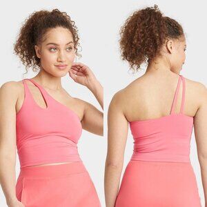 Small - Womens Light Support Asymmetrical Cropped Sports Bra - AIM - Coral Pink